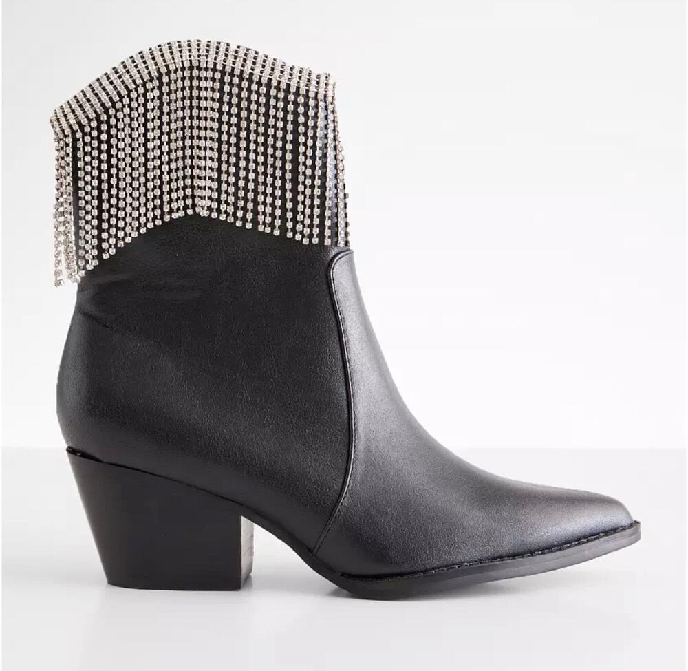 OASIS SOCIETY Black Silver Nash Rhinestone Fringe Ankle Western Diva Boots sz 10